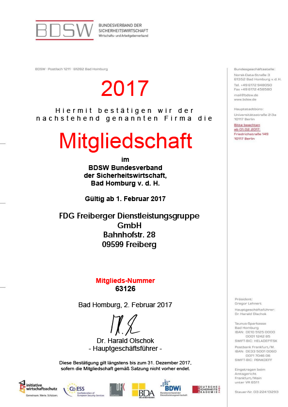 FDG Freiberger Dienstleistungsgruppe GmbH ist Mitglied beim Bundesverband der Sicherheitswirtschaft
